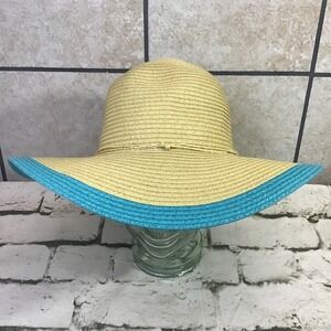Tropical Trends Hat Womens One Size 100% Paper Straw Wide Brim Floppy Blue Trim